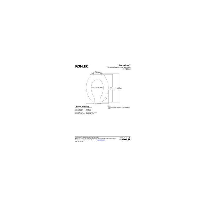 KOHLER K-4731-SC-0 Stronghold Elongated Toilet Seat with Self-Sustaining Check Hinge