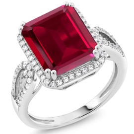 Gem Stone King 925 Sterling Silver Red Created Ruby Ring For Women (5.70 Cttw, Emerald Cut 12X10MM, Gemstone July Birthstone, Available In Size 5, 6, 7, 8, 9)