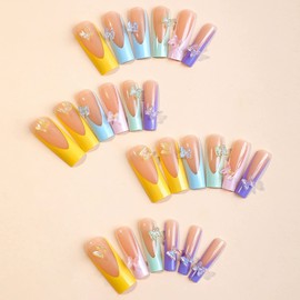 MISUD Long Square Press on Nails Squoval Fake Nails Glossy Glue on Nails Colorful French Tip Acrylic Nails Rainbow Edge Arificial Nails 3D Butterfly Stick on False Nails with Design 24 pcs