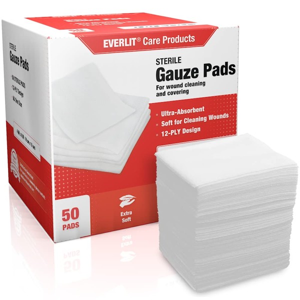 EVERLIT [Extra-Thick] 4''x4'' Sterile Gauze Pad 12-Ply, 100 Pack, Individual Wrapped, Ultra Absorbent Large Non-Woven Medical Gauze Sponges for Wound Care Home First Aid Kit