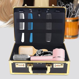 15.7 Inch Beauty Salon Barber Case, Hair Stylist Tool Kits Organizer, Professional Barber Travel Carry Case, Portable Beauty Salon Tool Kits Storage with Code Lock (Gold)