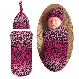 Muishi Pink Leopard Print Newborn Swaddle Blankets Hat Sets Soft Baby Receiving Blanket Swaddle Sack for Baby Shower Infant Boy Girl Gift
