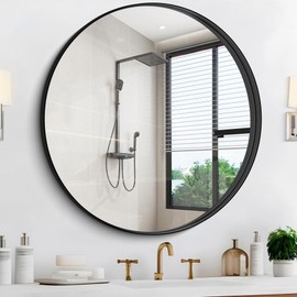 CIVENO Black Round Mirror 42 inch Deep Frame Circle Mirror, Metal Frame Round Bathroom Mirror, Circle Mirrors for Wall Entryway Washroom Bedroom Living Room Hallway