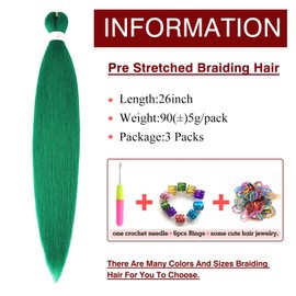 Pre-Stretched Braiding Hair Extensions Green Braiding hair 26 inch 3 Packs Synthetic Crochet Braids, Hot Water Setting Professional Soft Yaki Texture. (26inch(3Packs),Green#)