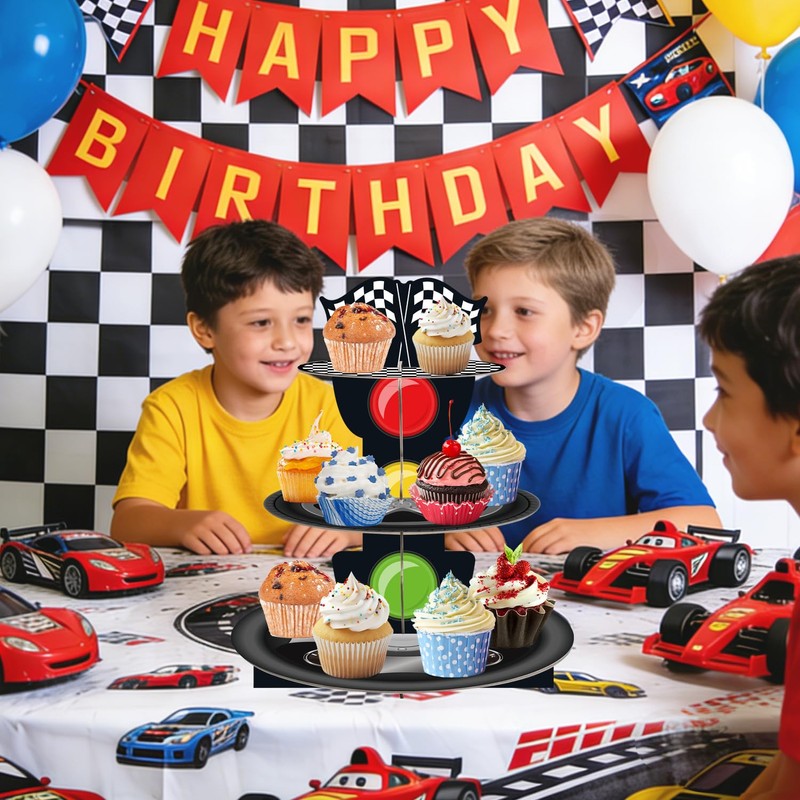 3-Tier Racing Car Theme Cardboard Cupcake Stand, Reusable Round Cupcake