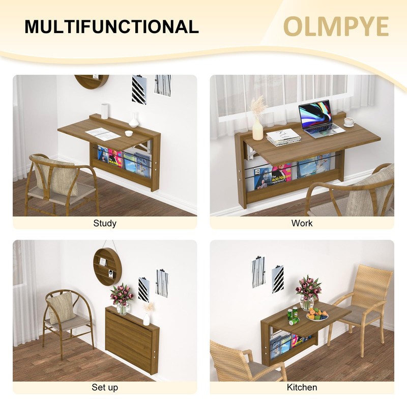 OLMPYE Wall Mounted Folding Table,Wooden Mounted Desk with Iron Bracket,Small