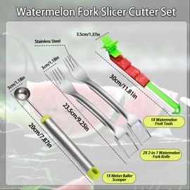2PCS Watermelon Fork Slicer Cutter，Watermelon Fruit Tools with Melon Baller Scooper, Abnaok Stainless Steel 2-in-1 Watermelon Fork Knife, Portable Dual Head Fruit Forks for Home Party Kitchen Gadget