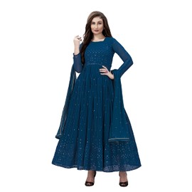 TRENDMALLS Women's Georgette Embroidery Partywear Indian Anarkali Suit Set, Teal Blue, Medium