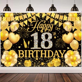 Happy 18th Birthday Decorations Banner - Black Gold Birthday Banners Backdrop for Girls Boys, Large Photography Photo Background for 18 Years Old Party Supplies(180X120cm)