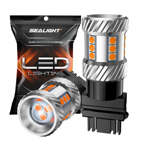 SEALIGHT [2023 New Upgrade] 3157 3156 3057 4157 LED Bulbs, 2700K Amber Yellow Bulb with Projector Lenses Replacement for Front/Rear Turn Signal Blinker Lights or Brake Tail Parking Lights, Pack of 2
