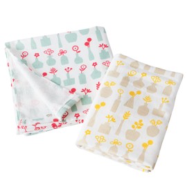 Bloom Gauze Touch Bath Towel, Set of 2, Same Pattern and Different Colors, Made in Japan, Gauze Towel (Flower Base (Green, Beige))