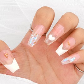 Sethexy French Long Coffin Pink False Nails Handmade Rhinestones Sequins Aurora False Nails 3D Crystal Love Heart Nails for Press On Acrylic Removable for Women and Girls