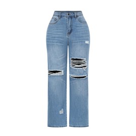 THUNDER STAR Womens High Waisted Wide Leg Jeans Stretchy Distressed Denim Pants Light Blue XS