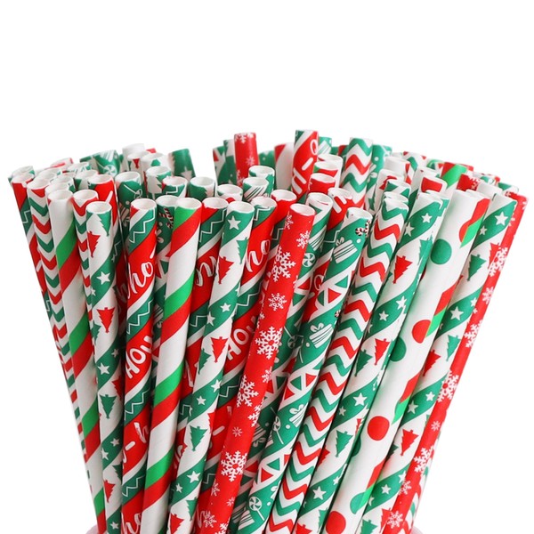 BEISHIDA 100 Pcs Christmas Paper Straws, Biodegradable Christmas Party Straws