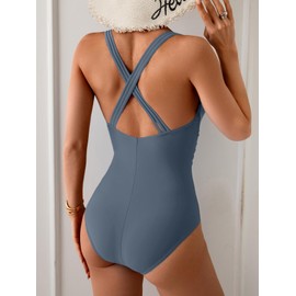 Eomenie One Piece Swimsuit for Women Tummy Control Slimming Bathing Suit Wide Straps V Neck Swim Suit Cross Back Swimwear Grey Blue