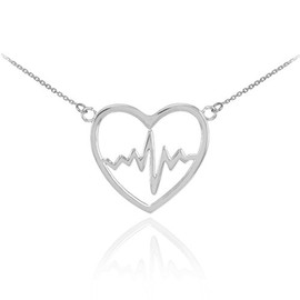 925 Sterling Silver Lifeline Pulse Heartbeat Pendant Open Heart Necklace, 16"