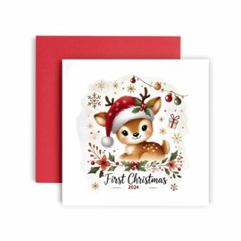 Huxters 1st Christmas in 2024 Card Cute Reindeer First Christmas - Baby First Family Christmas Card - 14.8cm