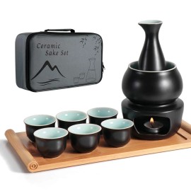 Ceramic Sake Set With Warmer Pot Tray Stovetop Porcelain Pottery Hot Saki Drink