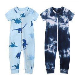 Owlivia Baby Boy Romper, Unisex Short-sleeve Summer Outfit, 100% Organic Cotton Boy One-Piece Jumpsuit(6-12 Months, Blue Dinosaur & Tie Dye Dark Navy)