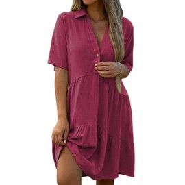RANPHEE Burgundy Summer Dress for Women 2025 Baby Doll A Line Loose Fitting High Waisted Ladies Flowy Beachy Linen Shirt Dresses That Hide Belly Fat S