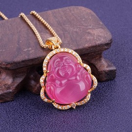 ASGIFT Lucky Buddha Necklace for Women Luxury Rose Red Crystal Buddha Pendant with 18K Gold Plated Chain Dainty Laughing Buddah Necklaces Jewelry Gift for Wife Mom