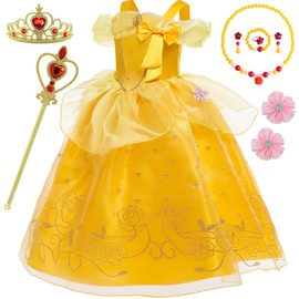 Belle Costumes for Girls Kids Princess Belle Dress Up Birthday Christmas Party with Accessories 9-10Years(150CM,E40)