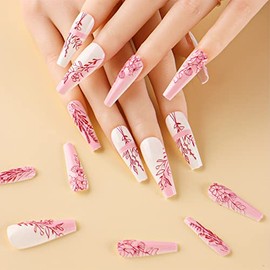 3D Rose Flowers Butterfly Press On Long False Nails Medium Length Square Full Cover Acrylic Fake Nails for Women Lady Removable Summer Fashion Ballerina Nails for Nail Salons and Home DIY Nail Art 24PCS (FDJ-ZH02 Pink)