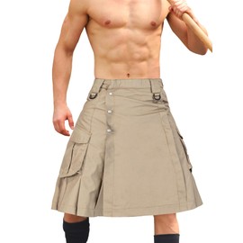 GSGGIG Men's Kilt, Camo Scottish Outdoor Utility 23" Length Pleated Tactical Irish Hybrid Kilts with Pockets 0911 Khaki 34