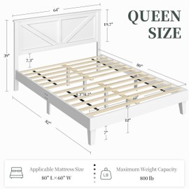 Yaheetech Wood Bed Queen, Farmhouse White Rubberwood Platform Bed Frame with V-Designed Headboard, Sturdy Wooden Support Slats, Holds up to 800 Pounds, Noise-Free, Easy Assembly