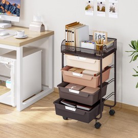 SYKIARIOL Rolling Cart with 4 Drawers,4 Tiers Rolling Utility Cart Craft Cart,Rolling Storage Drawer Cart with Mesh Top,Storage Cart with Drawers & 4 PCS DIY Lable, Brown