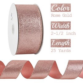 MEEDEE Rose Gold Glitter Ribbon - 2.5 Inch Brown Metallic, Wired, for Christmas Tree, Garland, Wreath, Bows, Gift Wrapping