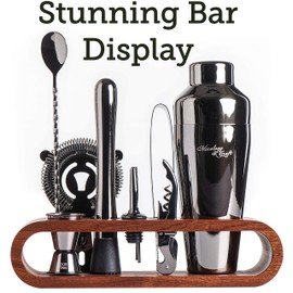 Mixology Bartender Kit: 10-Piece Bar Tool Set with Stylish Mahogany Stand | Perfect Home Bartending Kit and Martini Cocktail Shaker Set For an Awesome Drink Mixing Experience | Cool Gifts (Gun-Metal)