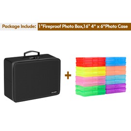 DocSafe Photo Storage Box with Lock,Fireproof Photo Organizer Box with 16 Inner 4" x 6" Photo Case(Multi-Colored),Collapsible Portable Photo Filing Safe Storage with Water-Resistant Zipper for Photos
