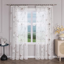 Delien Curtains with Ruffle Tape, Burnout Curtain, Transparent Modern Window Curtains with Floral Pattern, Living Room, Panel Curtains, Decorative Curtains, Pack of 1, White, W x H 140 x 225 cm