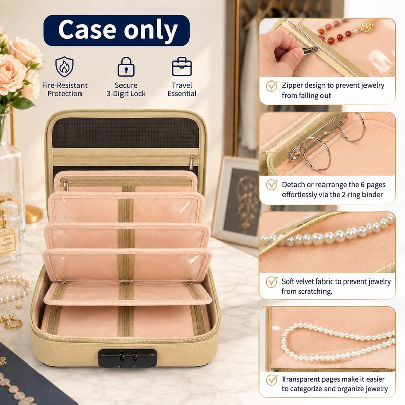 Fireproof Travel Jewelry Organizer Case with Lock & 6 Binder