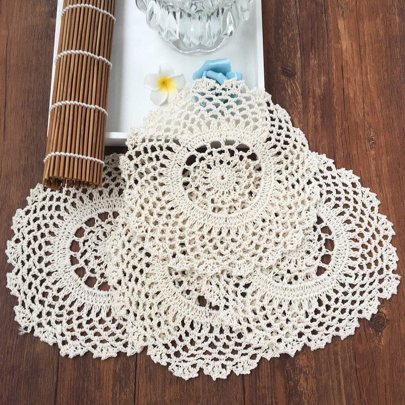 4 PCS Beige 6 Inch Round 100% HANDMADE Crochet Lace