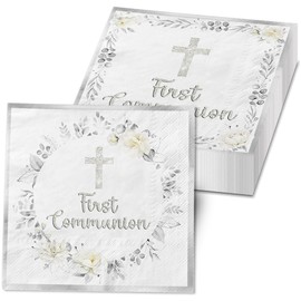 First Communion Napkins Decorations, 40Pcs Silver Communion Napkins God Bless Baptism Birthday Supplies Paper Napkins for Christening Celebration Baby Shower Communion Party Supplies