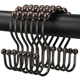 Shower Curtain Hooks, OEH Shower Curtain Rings, Bronze Shower Curtain Hooks Rust Proof, Smooth Gliding Metal Shower Curtain Rings Rust Proof, Double Shower Hooks for Shower Curtain, 12 Pcs, Bronze