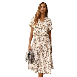 Milumia Womens Button Front Drawstring High Waist Short Sleeve A Line Midi Dress Gold and White Medium