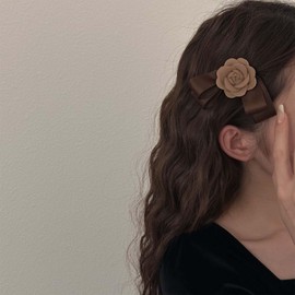 Iaceble Vintage Camellia Bow Hair Clip Ribbon Bowknot Hairclip Barrette Khaki Camellia Flower Hair Clip Elegant Camellia Hair Barrette Headwear Decorative Hair Accessories for Women Headdress