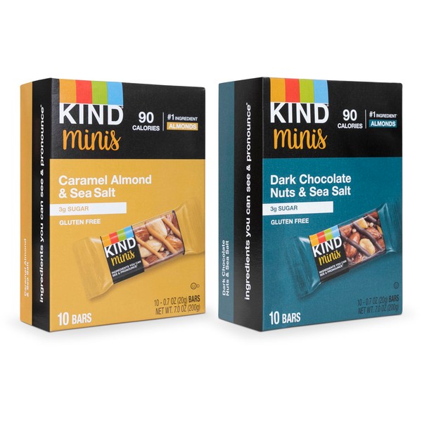 Kind Minis, Variety Pack. Contains 1 Caramel Almond & ‎Sea Salt, and 1 Dark Chocolate Nuts & Sea Salt, Low ‎Calorie, Gluten Free, Low Sugar, Healthy Snacks, Ilios ‎Packaging. [20 Bars]‎