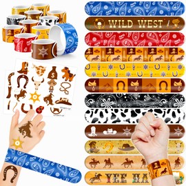 48PCS Cowboy Party Favors 24PCS Tattoos 24PCS Slap Bracelets Wristbands Themed Birthdays Party Supplies Decorations Decor Cool Western Rodeo Pattern Girls Boys Gifts School Classroom Prize Reward