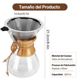 800ml Juego de Cafetera Pour Over, Cafetera de Vidrio con Filtro Reutilizable de Acero Inoxidable 304, Cafetera de Goteo Manual para Cafetería Hogar Oficina Camping