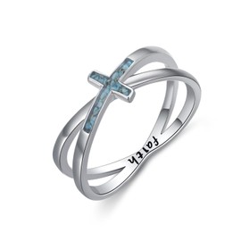 QHQPQ Cross Ring for Women Turquoise 925 Sterling Silver Faith Christian Religious Jewellery Gifts for Girls 8 Size