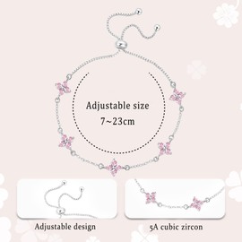 HEEYA Pink Bracelet for Women, Adjustable Womens Silver Chain Charm Clover Bracelet with 5A Cubic Zirconia Sterling Silver Bracelets Jewellery Gifts for Girls Mom, Birthday Christmas Anniversary