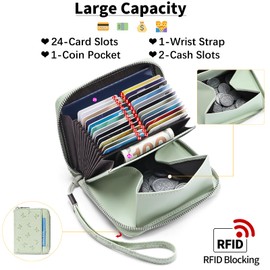 SENDEFN Women's Leather RFID Protection Credit Card Holder Purse with Zip Organ Style Women's Business Card Holder with Many Compartments, Printed Green, Fastened