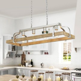 WUZUPS 4-Light Metal Pot Hanging Rack Chandelier Imitation Light Wood Grain Linear Pendant Ceiling Lighting Rustic Farmhouse Fixture Kitchen Island Dining Room, H 9.8" L 34.6" W11.8, E26 Base, Nickel