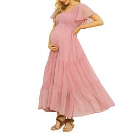 Swiss Dot Smocked Maternity Dress for Baby Shower Photoshoot Casual Summer V Neck Ruffle Sleeve Empire Waist Boho Dress B Pink