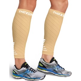 Thoxcare Manga de compresión para pantorrilla de 20 a 30 mmHg para hombres y mujeres, calcetines de compresión sin pies para caminar, correr y ciclismo, alivio de la férula de la espinilla, venas varicosas, hinchazón y dolor, 2 pares-beige/blanco, talla 