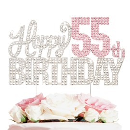 Nelbiirth Decoración para tartas con diamantes de imitación plateados y rosados para cumpleaños 55 con texto en inglés «Cheers to 55 Years» y «Cheers to 55th Birthday» («Cheers to 55 Years»)